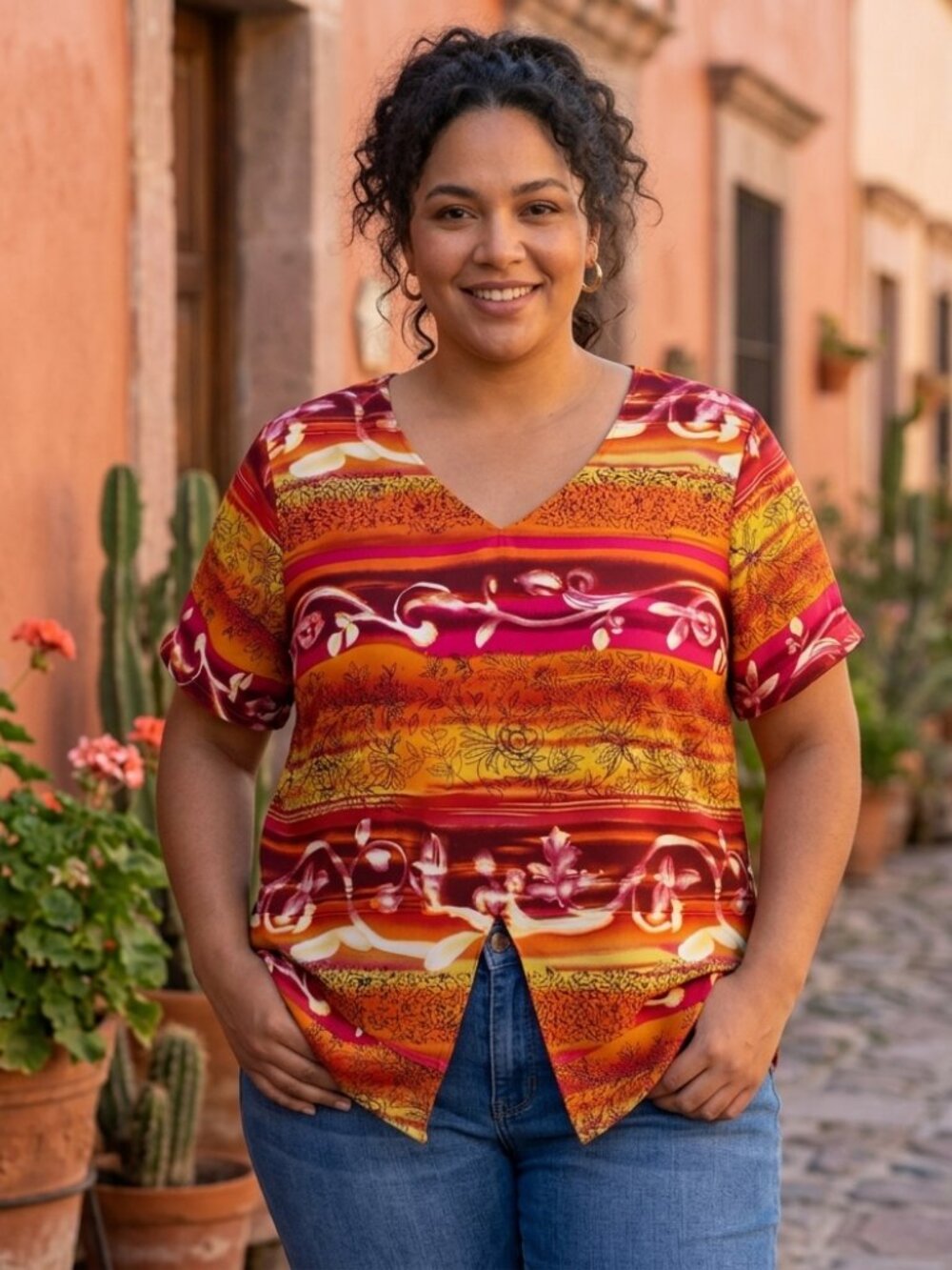 Women's 2X Orange Pink Floral Abstract Print V-Neck Short Sleeve Split Hem Top